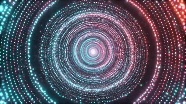 Abstract cloud of sparkling micro-particles spiraling in a data-inspired pattern with neon coral and ice blue tones for futuristic tech concepts.