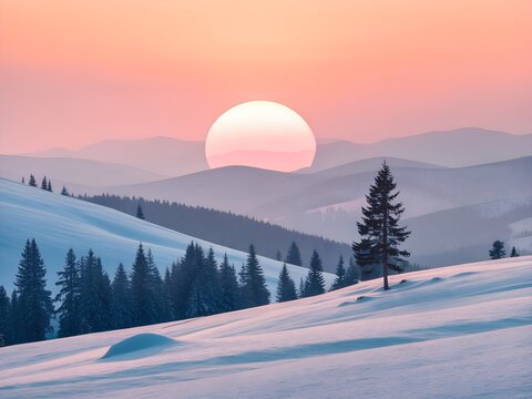 Winter Sunset Over Snowy Mountain Landscape