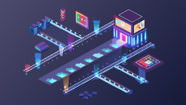 Isometric view of a futuristic neon cityscape with elevated walkways and glowing architectural elements