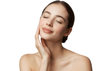 Young woman gently touching smooth face, eyes closed in bliss.