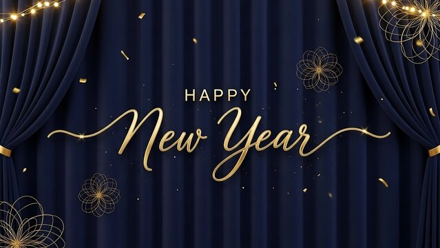 Elegant happy new year text with gold confetti and lights on dark blue curtain background