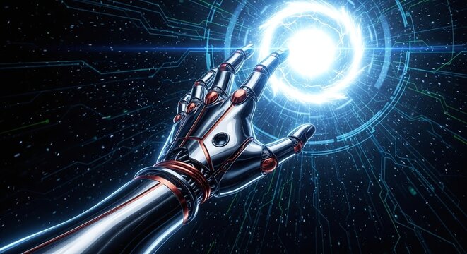 Futuristic robot hand reaching towards glowing portal of energy source