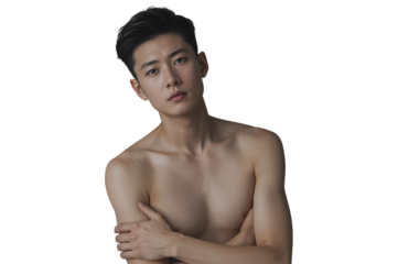 Young asian man shirtless with arms crossed, calm expression