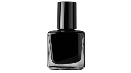 Isolated transparent glass bottle of black nail polish for beauty and fashion cosmetics