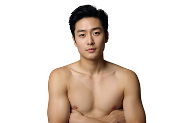 Fototapeta premium Confident young asian man with bare chest, arms crossed portrait