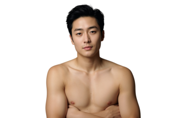 Confident young asian man with bare chest, arms crossed portrait