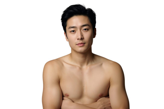 Confident young asian man with bare chest, arms crossed portrait
