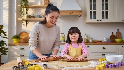 Asian woman and girl joyfully rolling dough together in a bright kitchen, surrounded by baking tools and colorful cookie cutters, creating delicious memories in a warm atmosphere