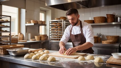Male baker in a professional kitchen, skillfully shaping dough on a wooden surface, surrounded by freshly baked bread and baskets, showcasing culinary craftsmanship and dedication