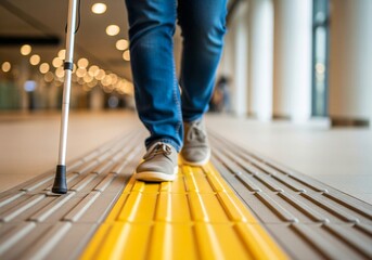 Close-up of a blind man walking along a tactile tile with a cane. Inclusive, accessibility and friendly environment in the self-orientation while moving through the streets of the city
