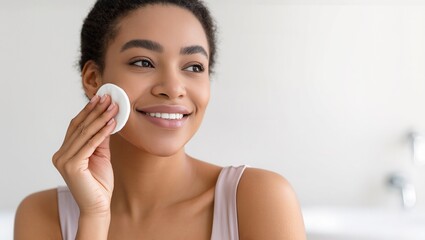 African American woman applying skincare product with cotton pad, smiling in bright bathroom, showcasing beauty routine and self-care practices for healthy skin