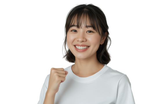 Confident young asian woman smiling with a cheerful fist gesture