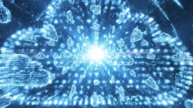 Abstract digital tunnel of glowing blue cloud computing icons moving towards a bright light source