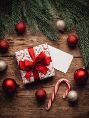 christmas voucher up to 50 off on all purchases christmas discount voucher with present christmas tree branches candy canes christmas balls and wooden background top view no logos no brands ar 34