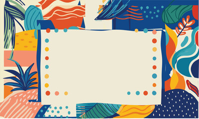 Colorful summer beach card background illustration with sea shells border for party invitation design