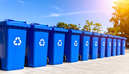 Blue recycling bins row recycle concept waste management system