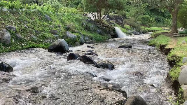 Scenic Caldera River Flowing Through Parque Biblioteca in Boquete Panama with Mountain Views