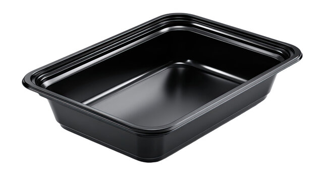 Clean, empty black plastic food container isolated on a white background
