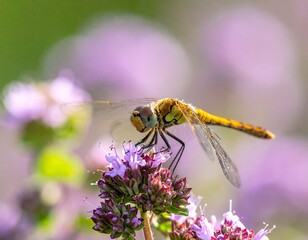 Dragonfly perched atop a cluster of vibrant purple flowers, bathed in sunlight