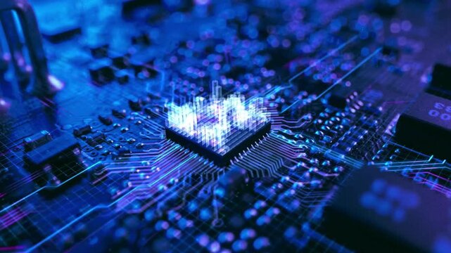 Abstract Motherboard Circuit with blue lights animation. Big data information flowing through computer circuit board. CPU microprocessor in motherboard