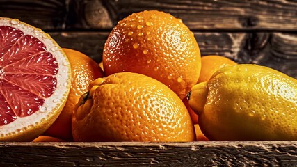 A vibrant assortment of fresh, dewy citrus fruits including oranges, lemon, and grapefruit nestled in a rustic wooden crate