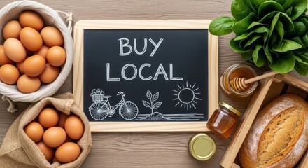 Chalkboard with Buy Local message with food and drawing of bicycle