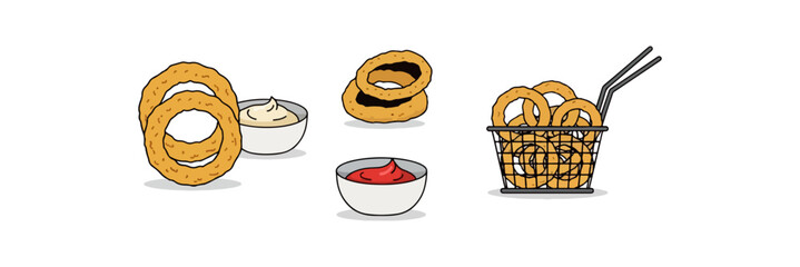 Onion rings with sauces illustration isolated on black background