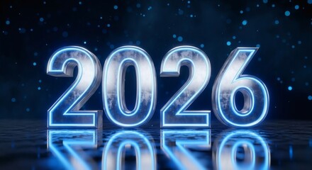 Bright Neon Blue 2026 Numbers Glowing With Futuristic Reflections on Dark Background