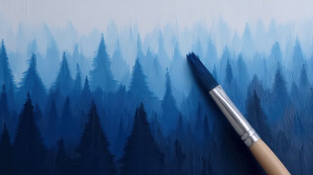 A close-up of a paintbrush applying deep blue paint, creating a textured forest scene with gradients of blue tones.