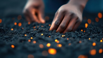 A close-up of a hand touching dark soil, with glowing specks that suggest warmth or light, creating an intimate connection with the earth.