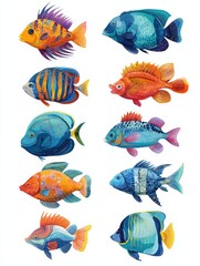 Naklejka premium aquarium fish set isolated cartoon ocean or sea water exotic animal icon collection underwater nature aquarium fish vector illustration no logos no brands ar 34