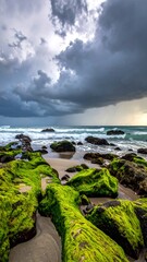 Dramatic coastal scene with moss-covered rocks, stormy skies, and crashing ocean waves