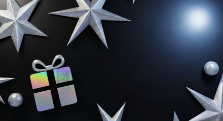 Festive Arrangement Sparkling Stars, Gift Box, and Spheres on Dark Backdrop