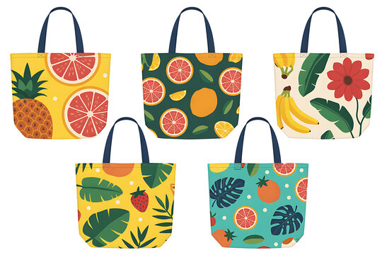 Collection of five tote bags with vibrant fruit and tropical leaf patterns
