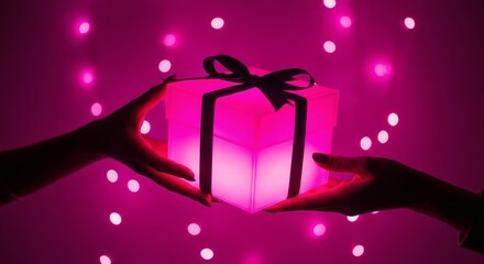 Capturing a moment of festive giving silhouetted hands exchange a vibrant, glowing gift box amidst sparkling lights