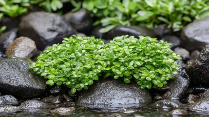 A small pond with two plants growing in it.