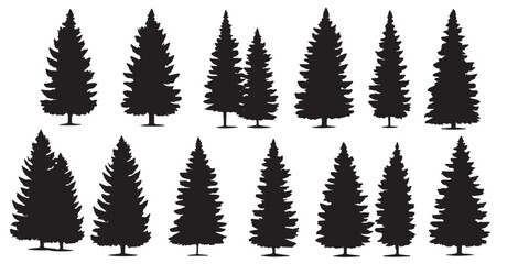 Fototapeta premium Pine tree silhouette and outline vector set. Christmas tree icon collection. Evergreen, fir, spruce forest graphic elements. Winter holiday design asset for decoration.