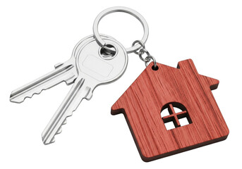 House Key Chain Isolated on Transparent Background. Silver Keys on Ring with Wooden House Shape Pendant