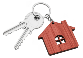 House Key Chain Isolated on Transparent Background. Silver Keys on Ring with Wooden House Shape Pendant