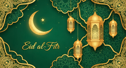 Eid alFitr Celebration with Traditional Lanterns and Crescent Moon.