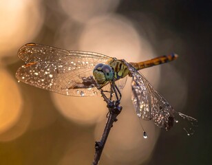 Dragonfly perched on a twig with dewdrops on its wings, against a bokeh background