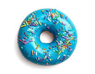 Donut with vibrant blue frosting and colorful sprinkles on a plain white background