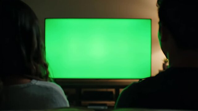 A couple in a cozy, dimly lit living room watching a modern television with a bright green chroma key screen, perfect for displaying custom content, advertisements, or virtual reality experiences