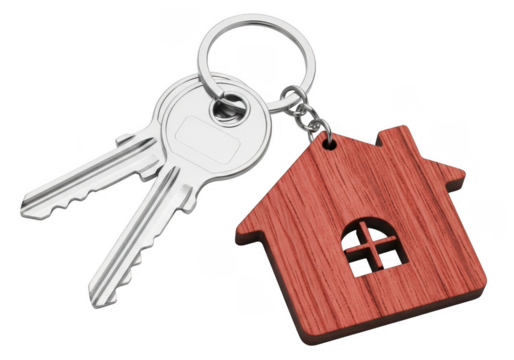 House Key Chain Isolated on Transparent Background. Silver Keys on Ring with Wooden House Shape Pendant
