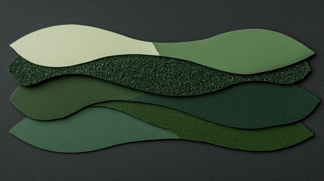 A collection of abstract shapes in various shades of green, arranged in a layered fashion against a dark gray background.