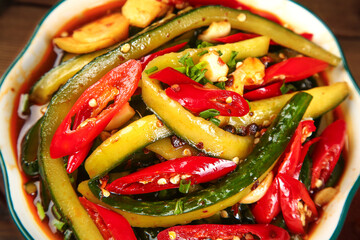 Spicy Pickled Cucumber and Red Pepper Strips - Chinese Appetizer Dish