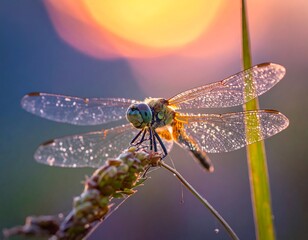 Dragonfly perches atop a plant with a softly blurred golden glow in the background