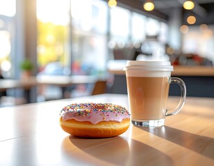 Donut with pink frosting and colorful sprinkles, plus a foamy latte on a light wood table
