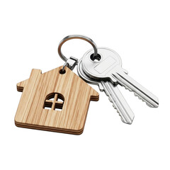 House Keys Real Estate Keys with Wooden House Shape Keyring on Isolated Background