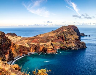 Dramatic coastline vista of a rocky headland against a blue sea and sky